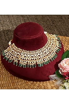 Gold Finish Pacchi Kundan Polki & Green Stones Necklace Set