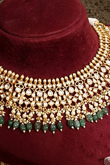 Gold Finish Pacchi Kundan Polki & Green Stones Necklace Set