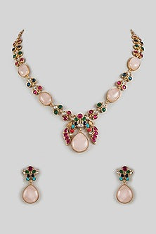 Gold Finish Multi-Colored Kundan Polki Peacock Necklace Set