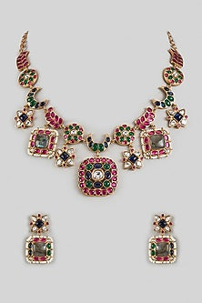 Gold Finish Multi-Colored Stone & Pearl Necklace Set