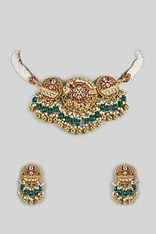Gold Finish Multi-Colored Pachi Kundan Polki Choker Necklace Set