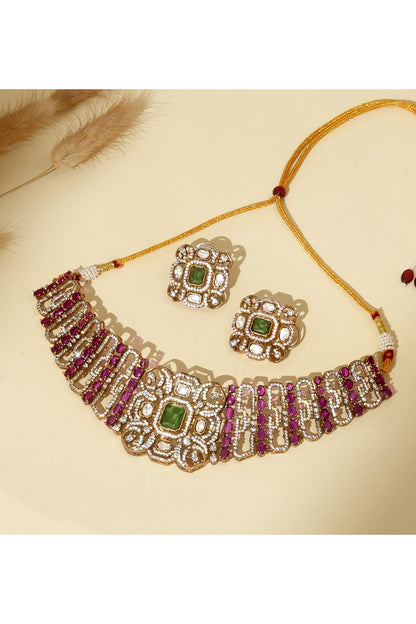 Gold Plated Ruby Stone & Kundan Polki Choker Necklace Set