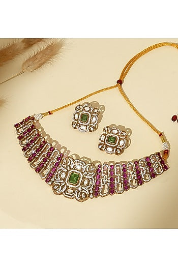 Gold Plated Ruby Stone & Kundan Polki Choker Necklace Set