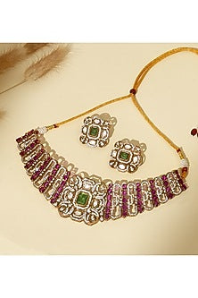 Gold Plated Ruby Stone & Kundan Polki Choker Necklace Set
