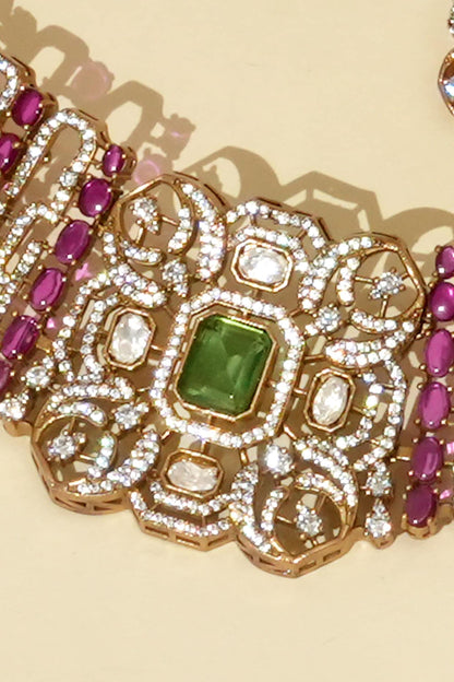 Gold Plated Ruby Stone & Kundan Polki Choker Necklace Set
