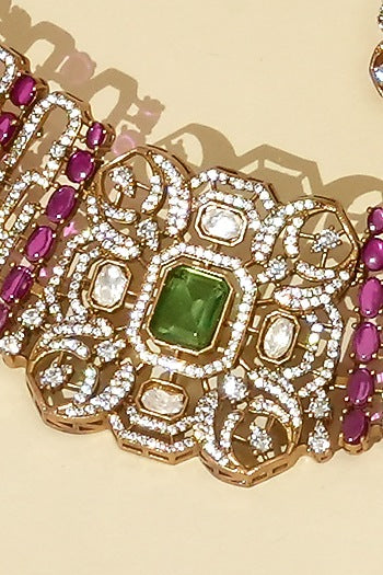 Gold Plated Ruby Stone & Kundan Polki Choker Necklace Set