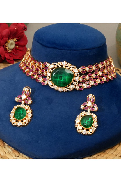 Gold Plated Kundan Polki & Emerald Stone Choker Necklace Set