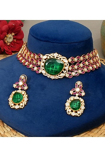 Gold Plated Kundan Polki & Emerald Stone Choker Necklace Set