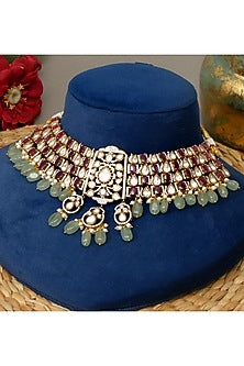 Gold Plated Kundan Polki & Mint Pearl Drop Choker Necklace Set
