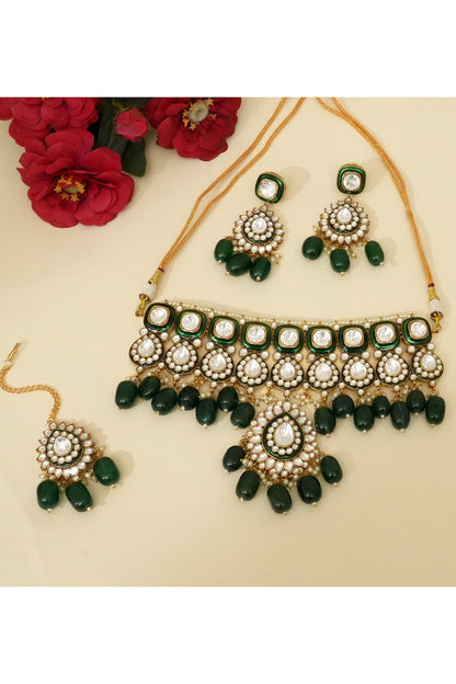 Gold Plated Kundan Polki & Emerald Stone Choker Necklace Set