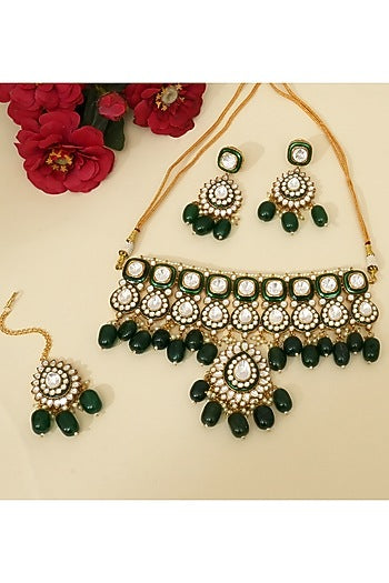 Gold Plated Kundan Polki & Emerald Stone Choker Necklace Set