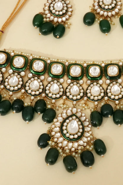 Gold Plated Kundan Polki & Emerald Stone Choker Necklace Set