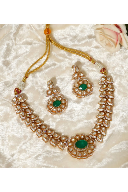 Gold Plated Moissanite Polki & Emerald Stone Necklace Set