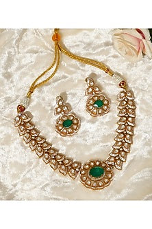 Gold Plated Moissanite Polki & Emerald Stone Necklace Set