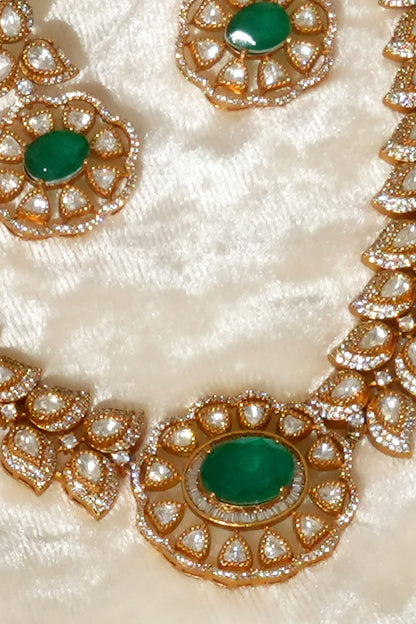 Gold Plated Moissanite Polki & Emerald Stone Necklace Set