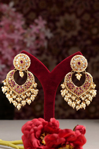 Gold Finish Kundan Polki & Ruby Chandbali Earrings