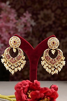 Gold Finish Kundan Polki & Ruby Chandbali Earrings