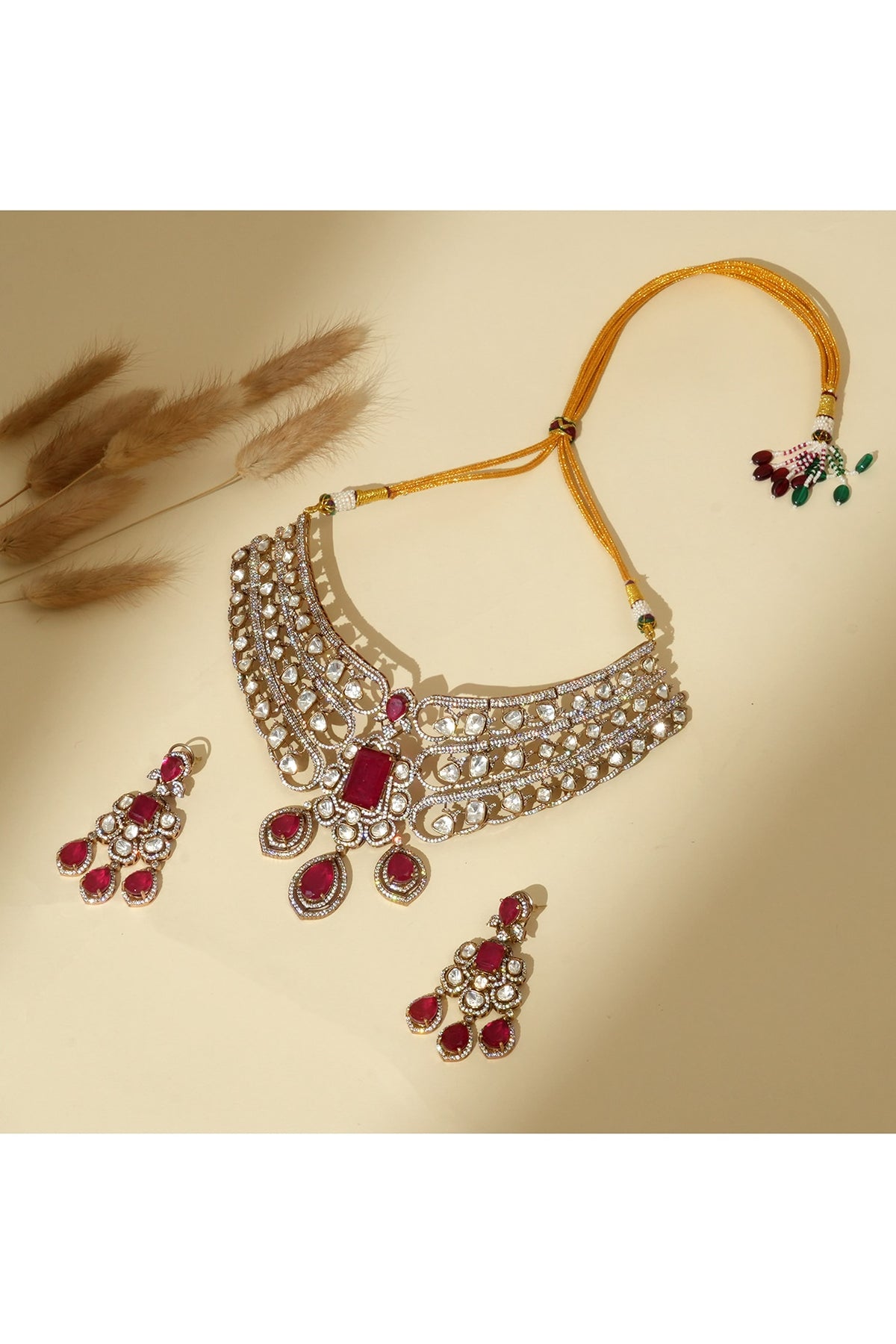 Gold Finish Kundan Polki & Ruby Stone Necklace Set