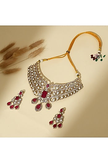 Gold Finish Kundan Polki & Ruby Stone Necklace Set