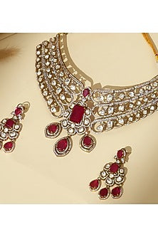 Gold Finish Kundan Polki & Ruby Stone Necklace Set