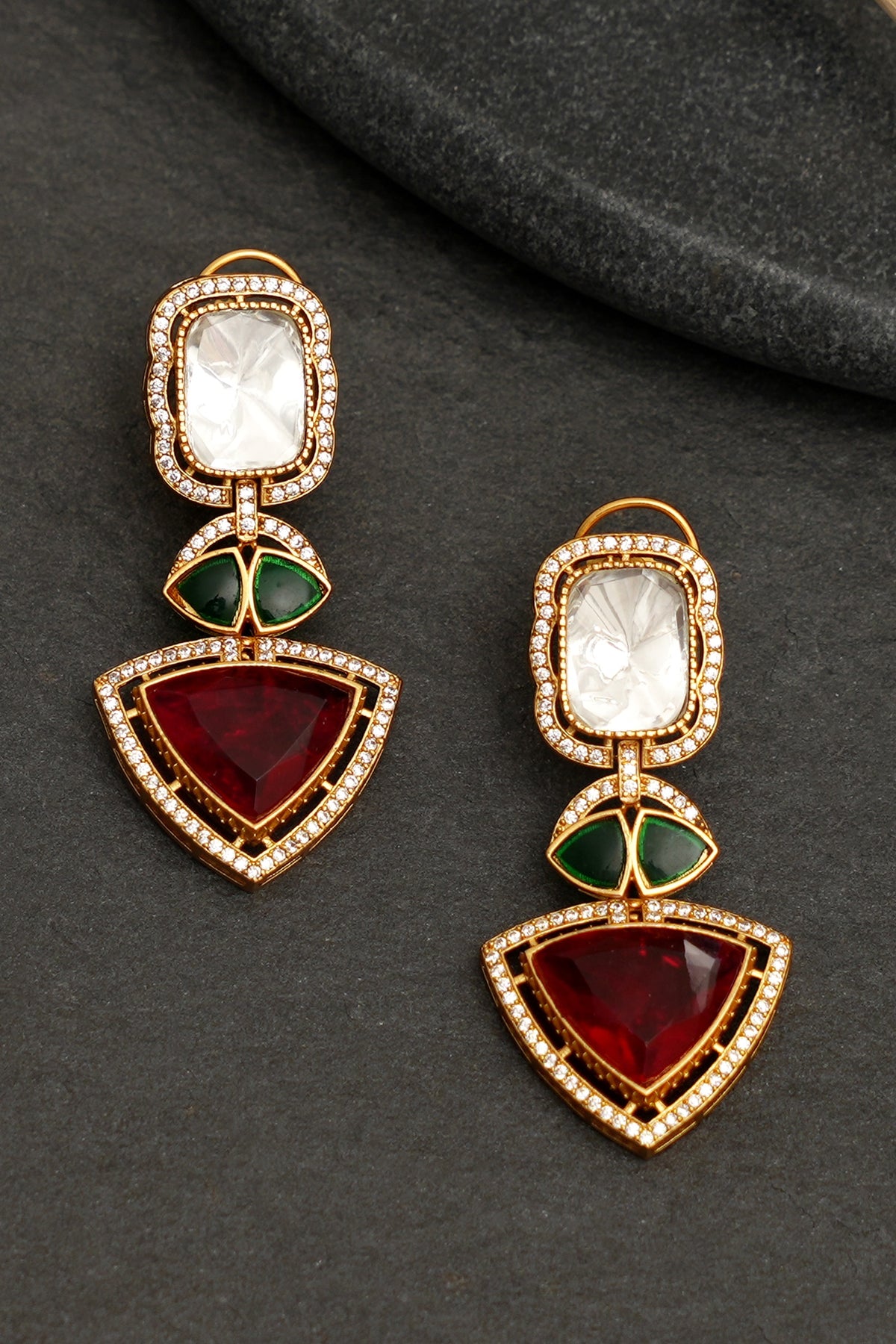 Gold Plated Kundan Polki & Ruby Dangler Earrings