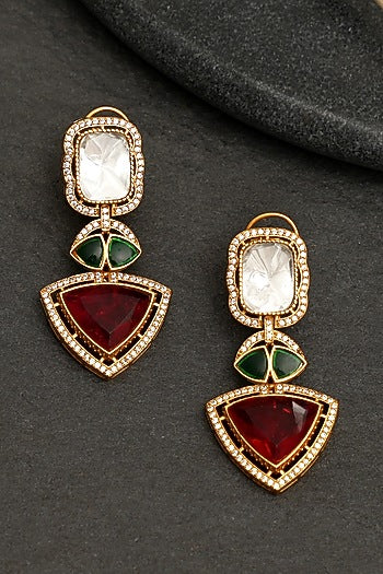 Gold Plated Kundan Polki & Ruby Dangler Earrings