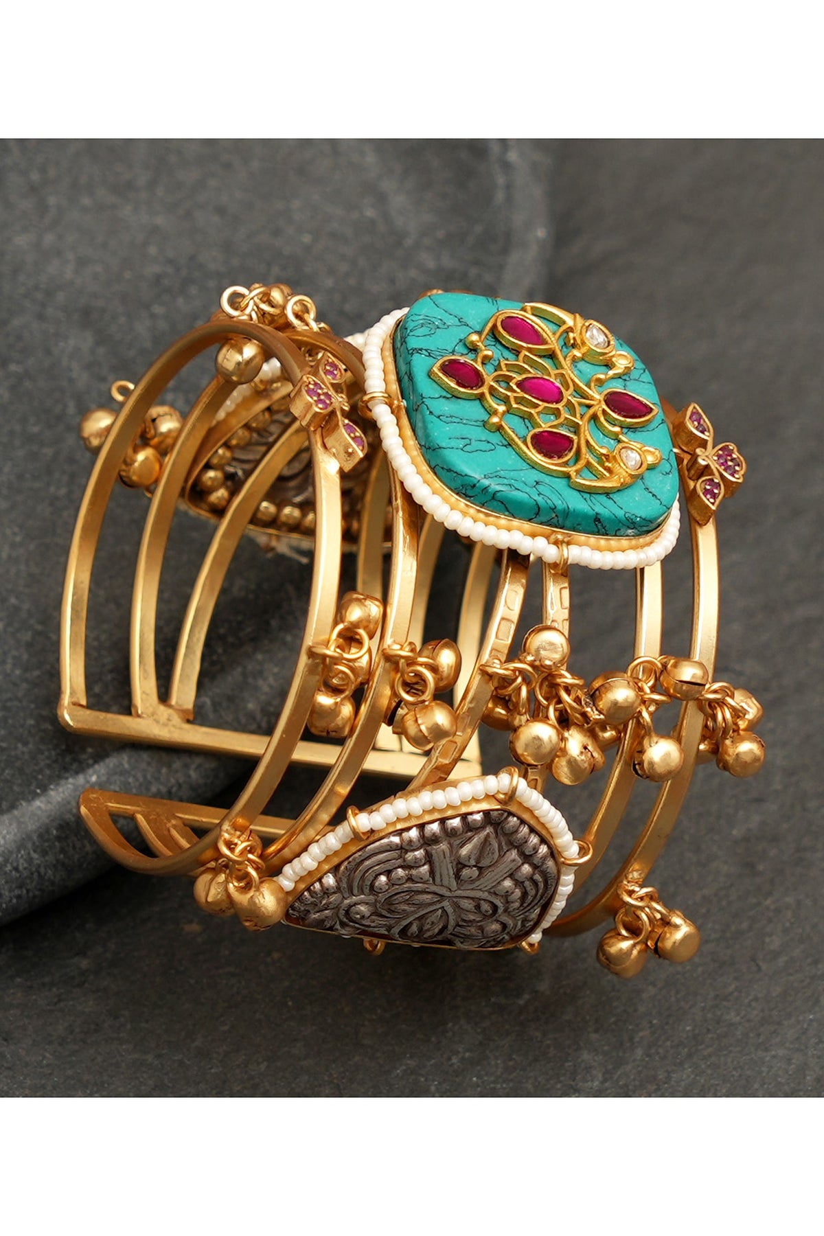 Gold Finish Kundan Polki & Semi-Precious Stone Bracelet