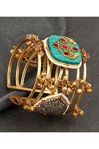 Gold Finish Kundan Polki & Semi-Precious Stone Bracelet