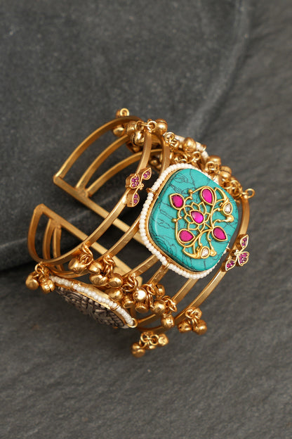 Gold Finish Kundan Polki & Semi-Precious Stone Bracelet