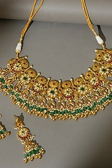 Gold Finish Pachi Kundan Polki & Emerald Drop Necklace Set