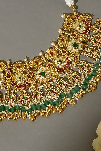 Gold Finish Pachi Kundan Polki & Emerald Drop Necklace Set