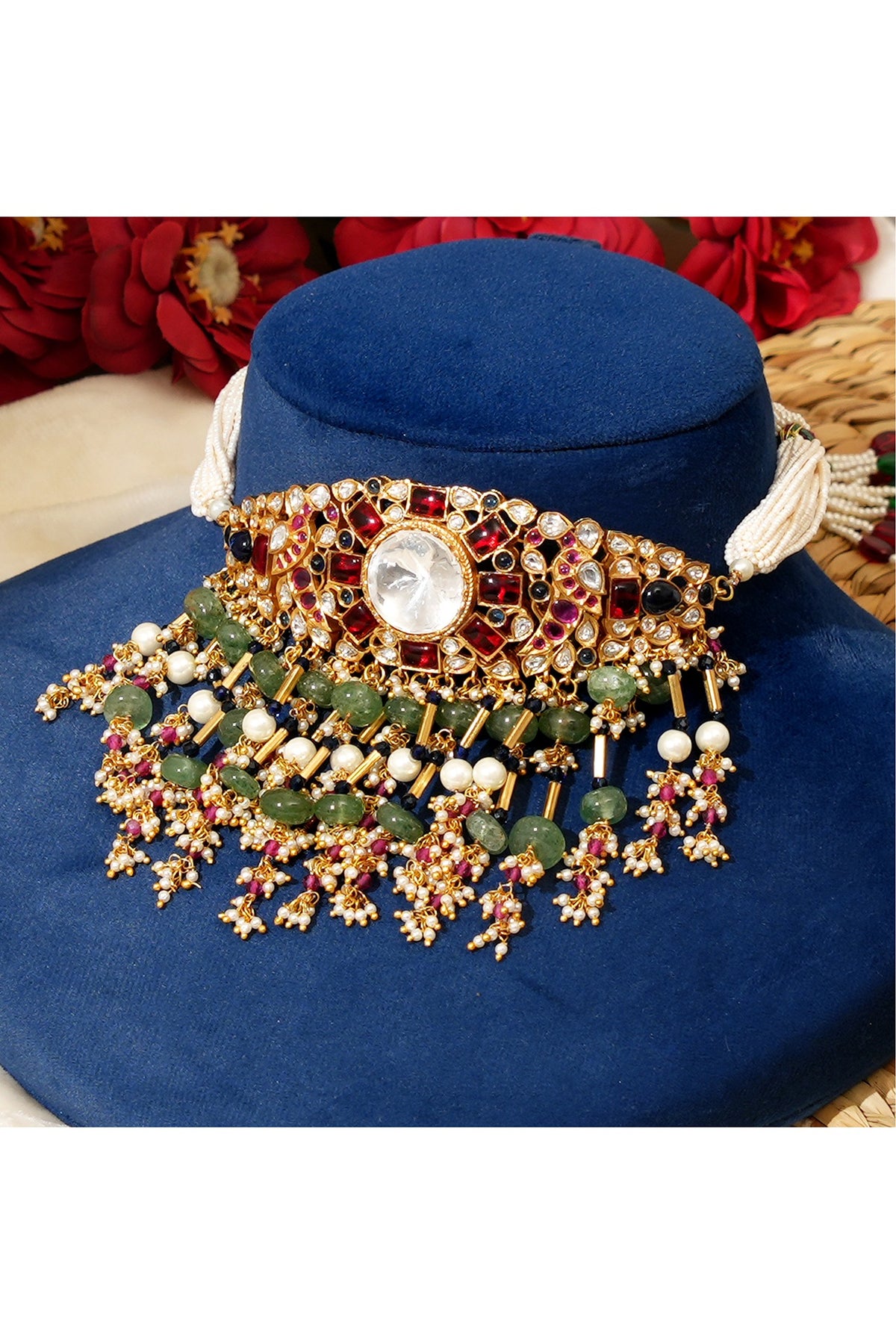 Gold Plated Kundan Polki & Multi-Colored Stone Choker Necklace Set