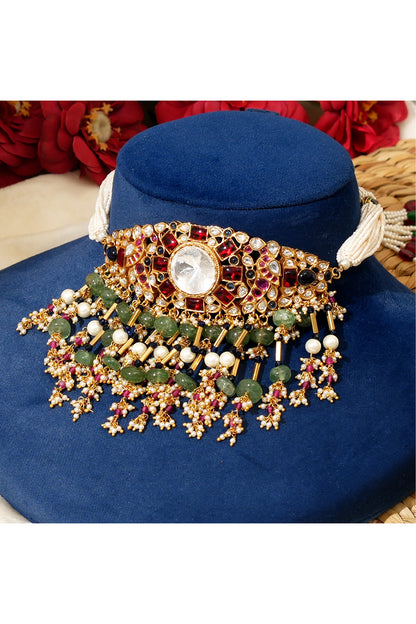Gold Plated Kundan Polki & Multi-Colored Stone Choker Necklace Set