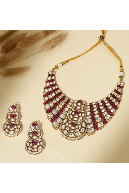 Gold Plated Moissanite Polki & Ruby Stone Necklace Set