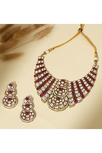 Gold Plated Moissanite Polki & Ruby Stone Necklace Set