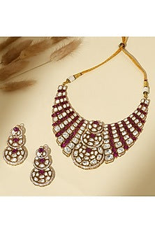 Gold Plated Moissanite Polki & Ruby Stone Necklace Set