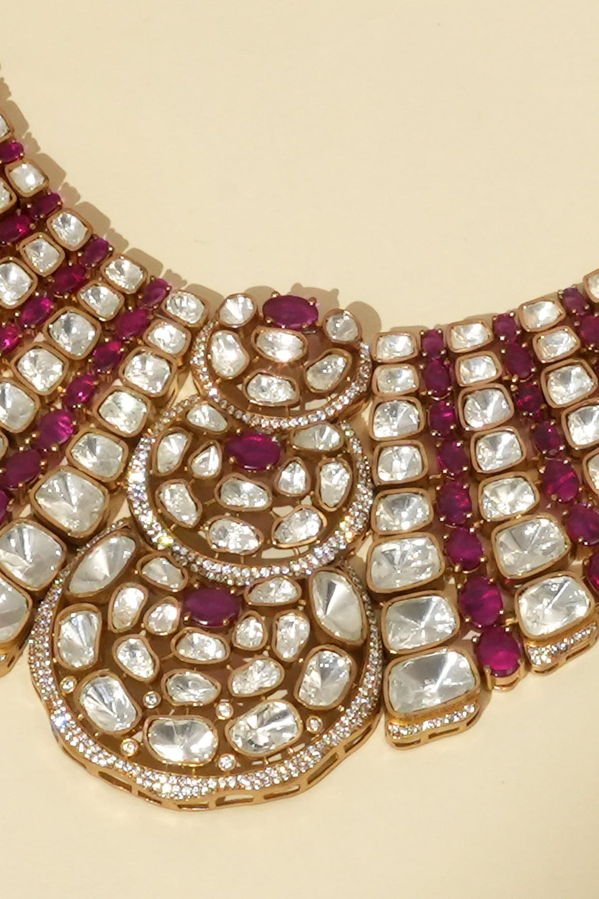 Gold Plated Moissanite Polki & Ruby Stone Necklace Set