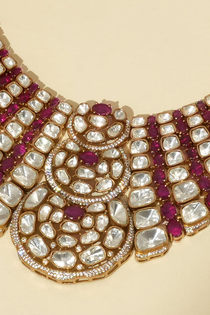 Gold Plated Moissanite Polki & Ruby Stone Necklace Set