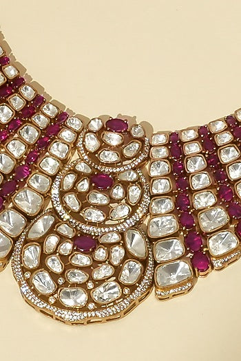 Gold Plated Moissanite Polki & Ruby Stone Necklace Set