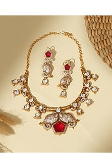 Gold Plated Moissanite Polki & Ruby Stone Necklace Set