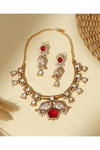 Gold Plated Moissanite Polki & Ruby Stone Necklace Set