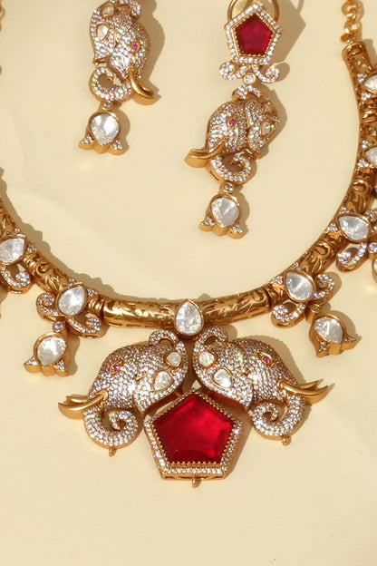Gold Plated Moissanite Polki & Ruby Stone Necklace Set