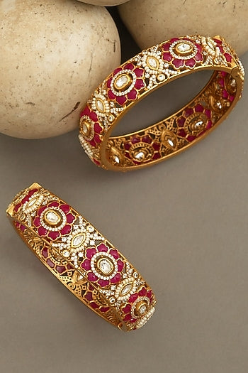 Gold Plated Moissanite Polki & Ruby Stone Bangles (Set Of 2)