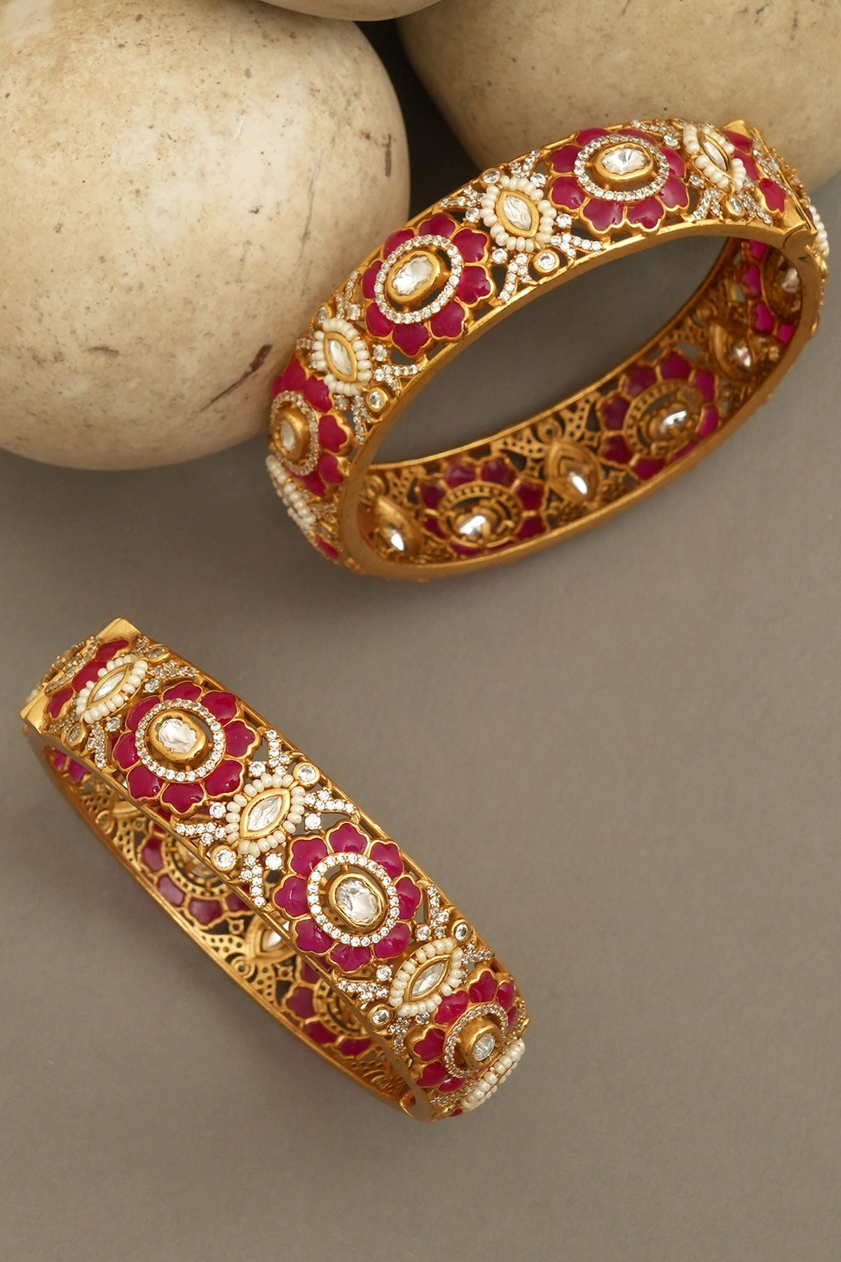 Gold Plated Moissanite Polki & Ruby Stone Bangles (Set Of 2)