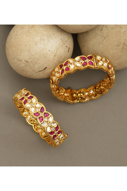 Gold Plated Moissanite Polki & Ruby Stone Bangles (Set Of 2)