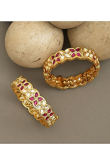 Gold Plated Moissanite Polki & Ruby Stone Bangles (Set Of 2)