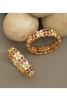 Gold Plated Moissanite Polki & Ruby Stone Bangles (Set Of 2)