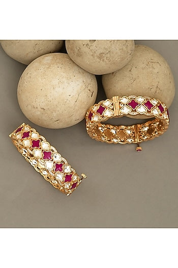 Gold Plated Moissanite Polki & Ruby Stone Bangles (Set Of 2)
