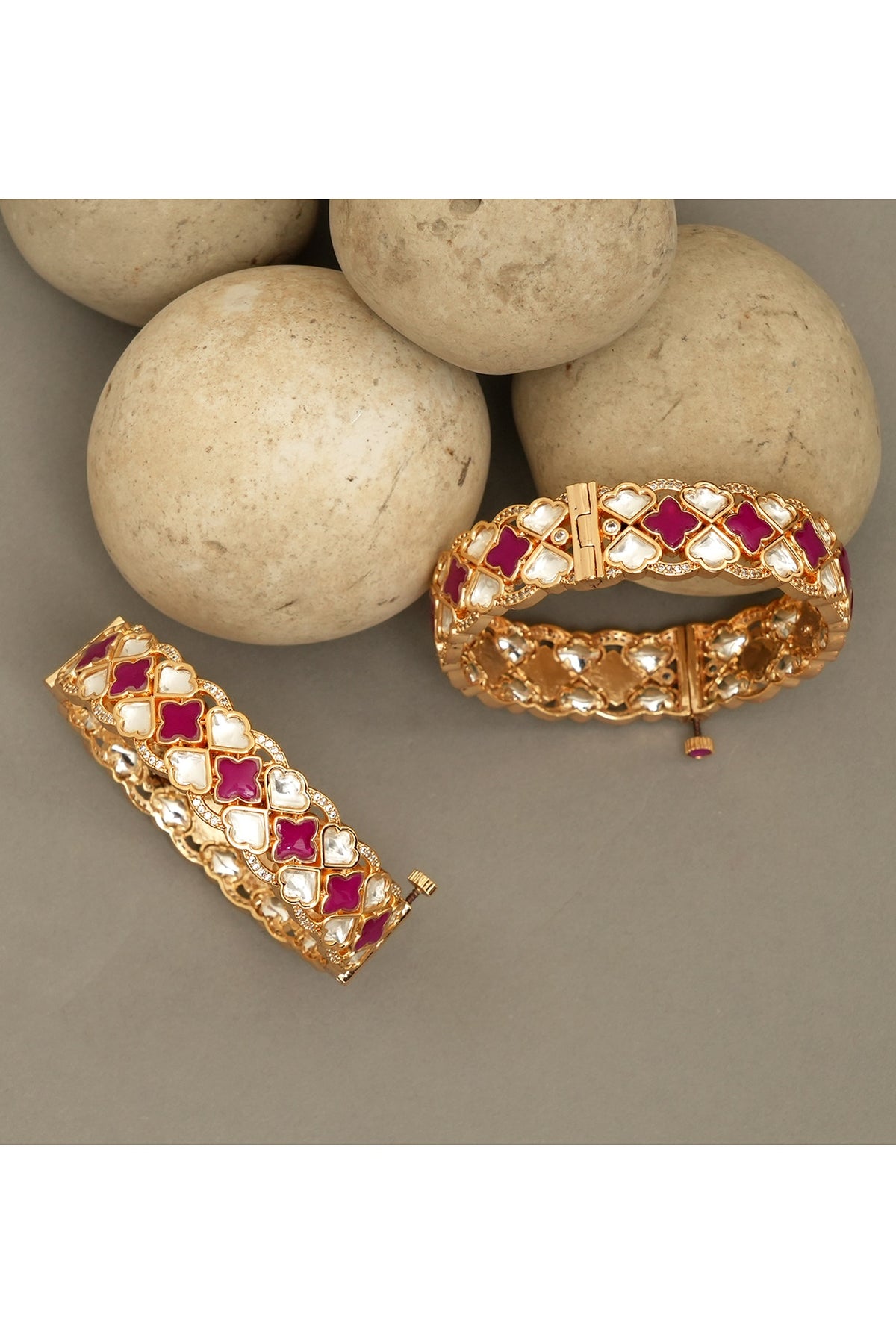 Gold Plated Moissanite Polki & Ruby Stone Bangles (Set Of 2)