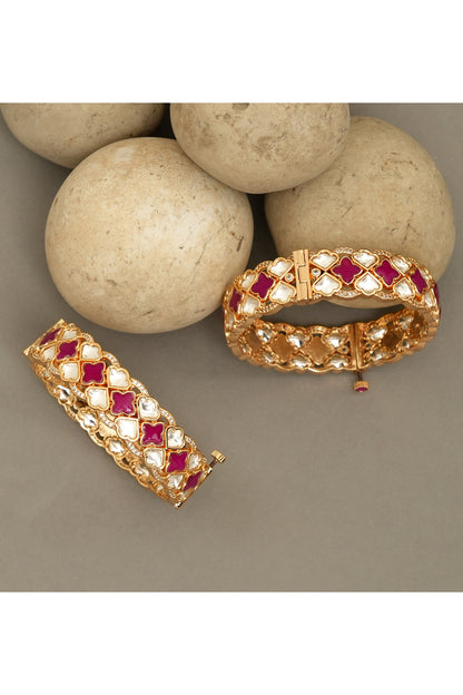 Gold Plated Moissanite Polki & Ruby Stone Bangles (Set Of 2)